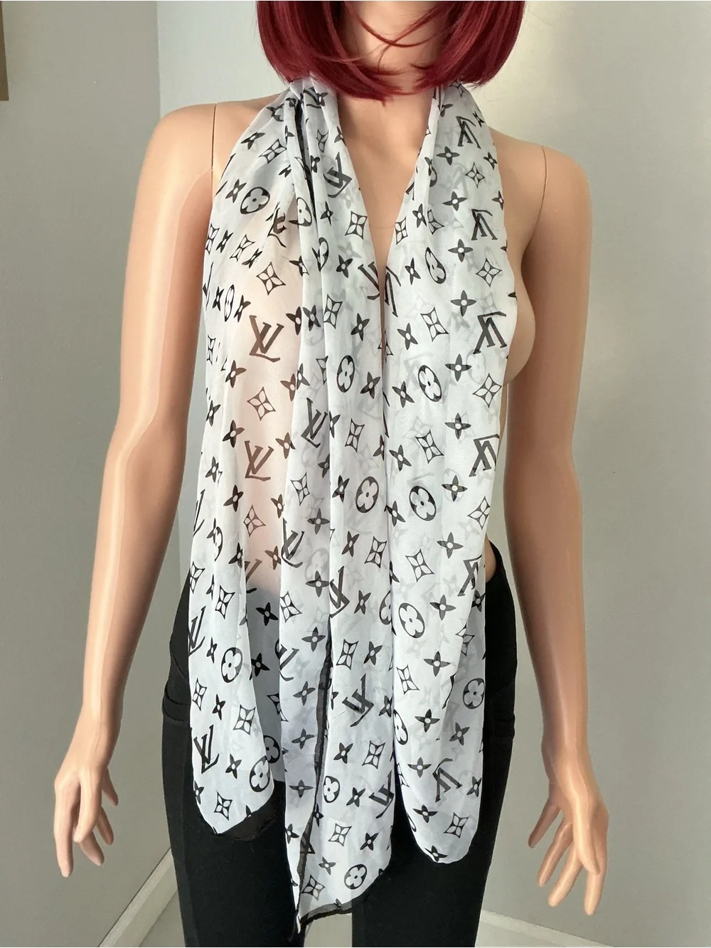 LV Monogram Sheer Logo Scarf - Black on White - Picture 2 of 11